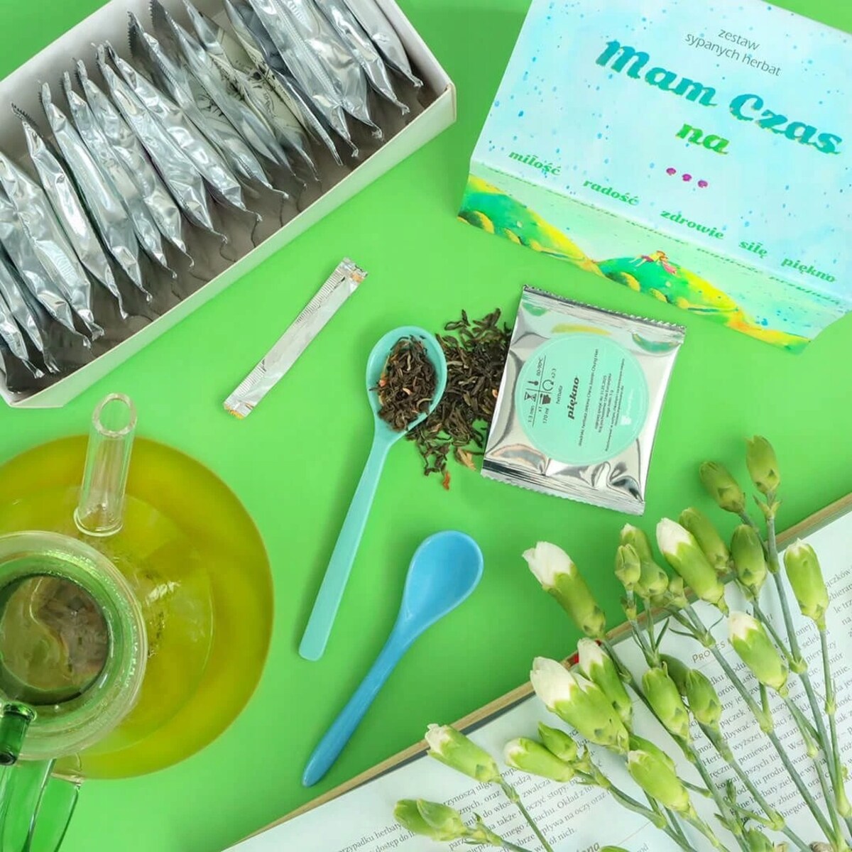 BOX prezentowy "Mam czas na..." - zestaw herbat sypanych świeca sojowa kubek z zaparzaczem - prezent upominek dla kobiety faceta mężczyzny niej niego