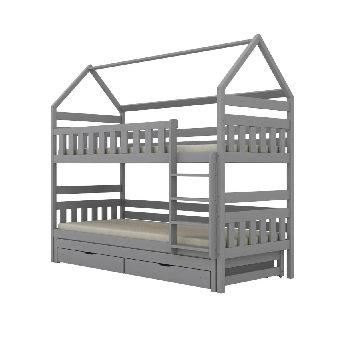 Łóżko piętrowe domek FELIKS 200x80 szare drewniane trzyosobowe z szufladami