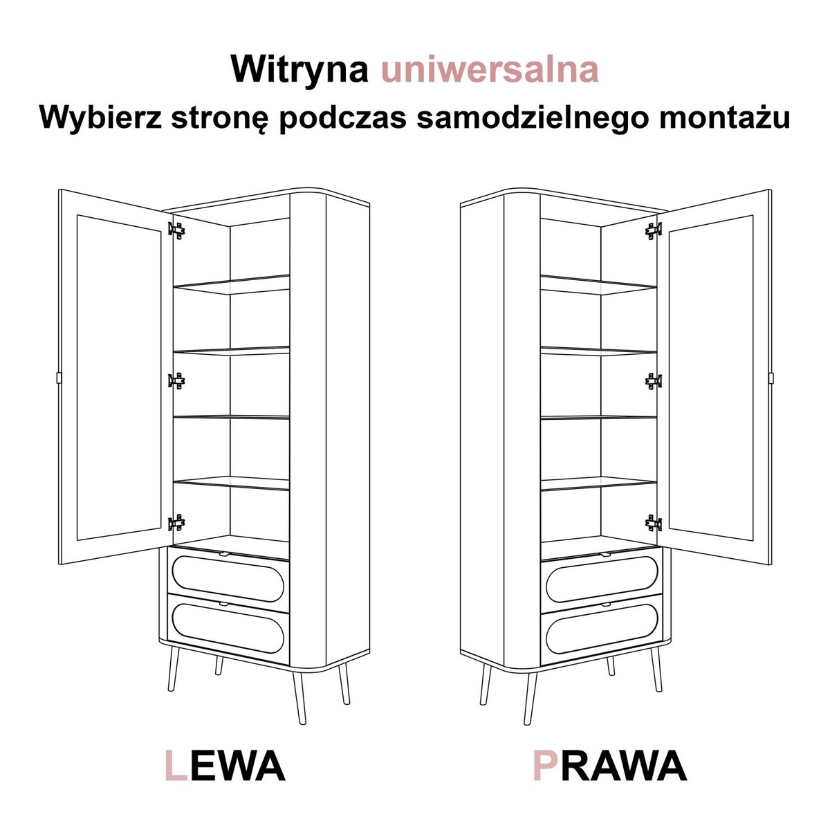 Przeszklona witryna SHADOW II z półkami, oświetlenie LED, nóżki skośne złote