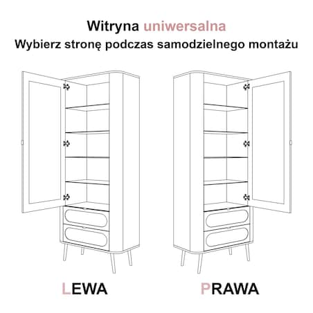 Przeszklona witryna SHADOW II z półkami, oświetlenie LED, nóżki skośne złote