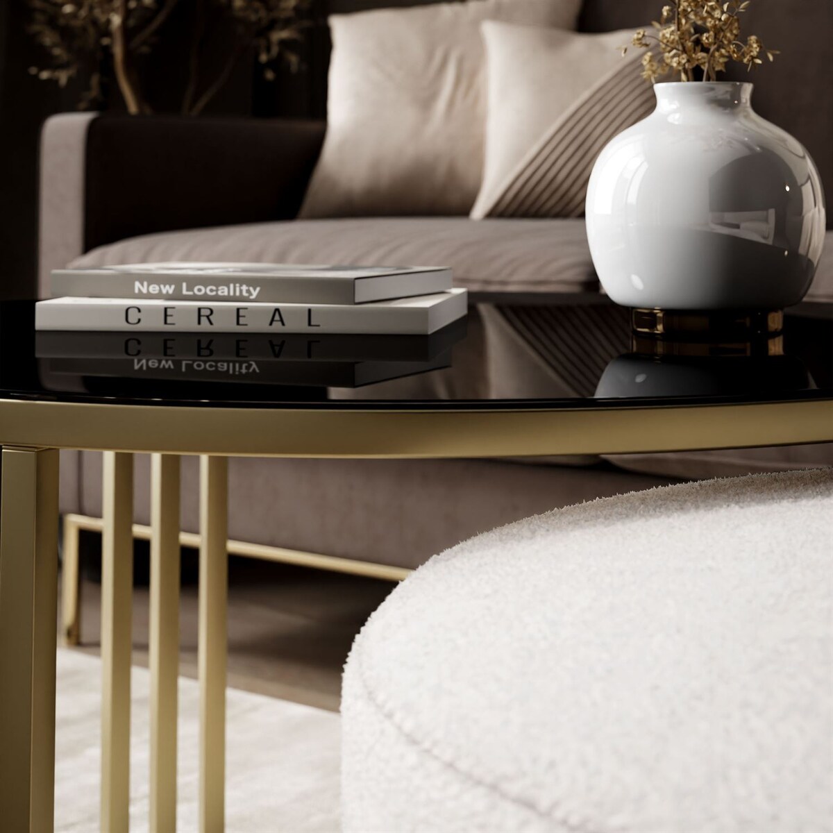 Stolik kawowy z pufą LORI GLASS złoto szczotkowane, czarne szkło / Perfect Harmony 01