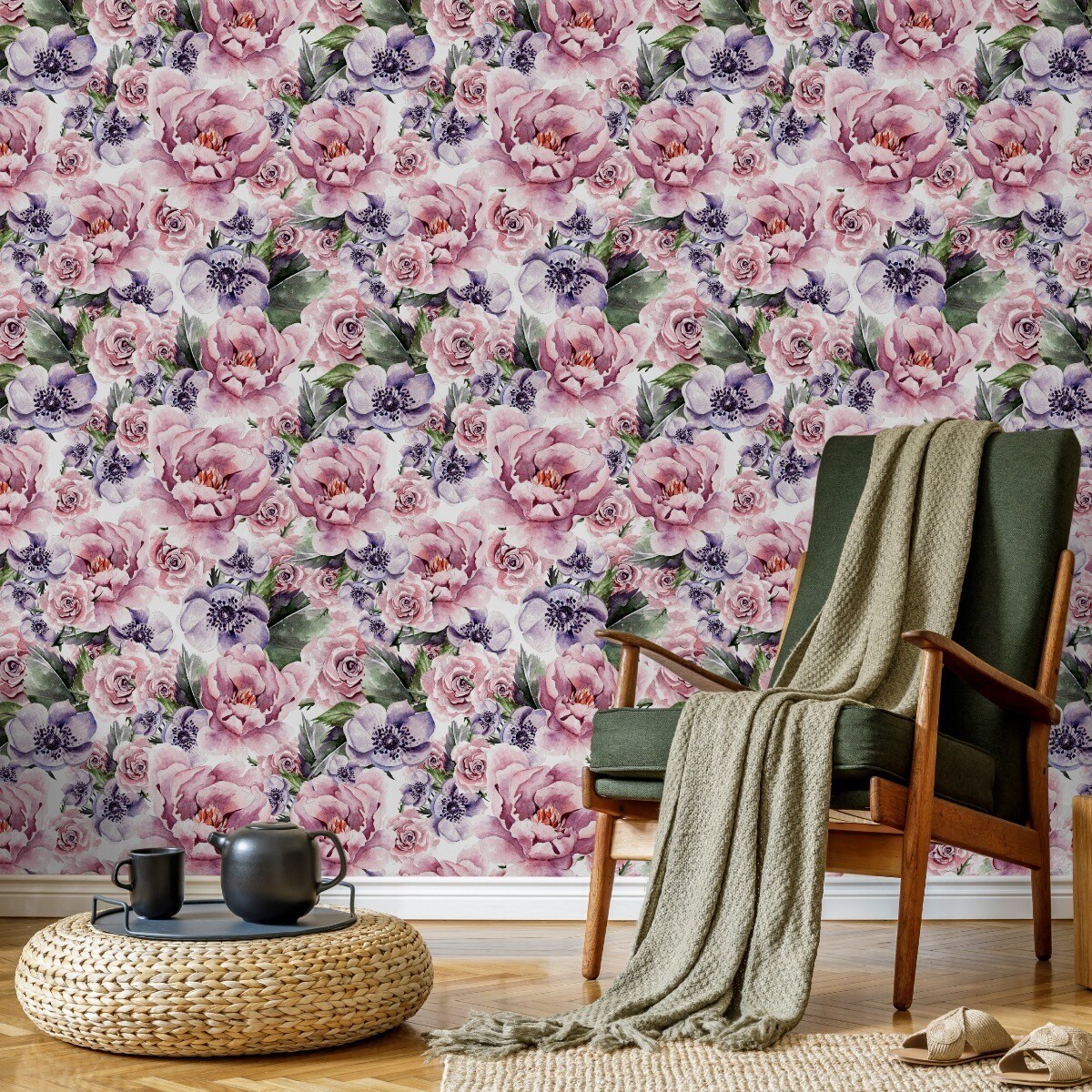 Tapeta akwarelowe kwiaty liście kolorowe rośliny