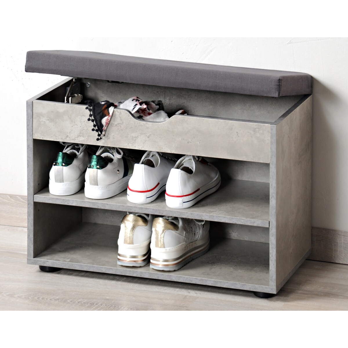 Szafka na buty z siedziskiem i schowkiem, imitacja betonu, KESPER