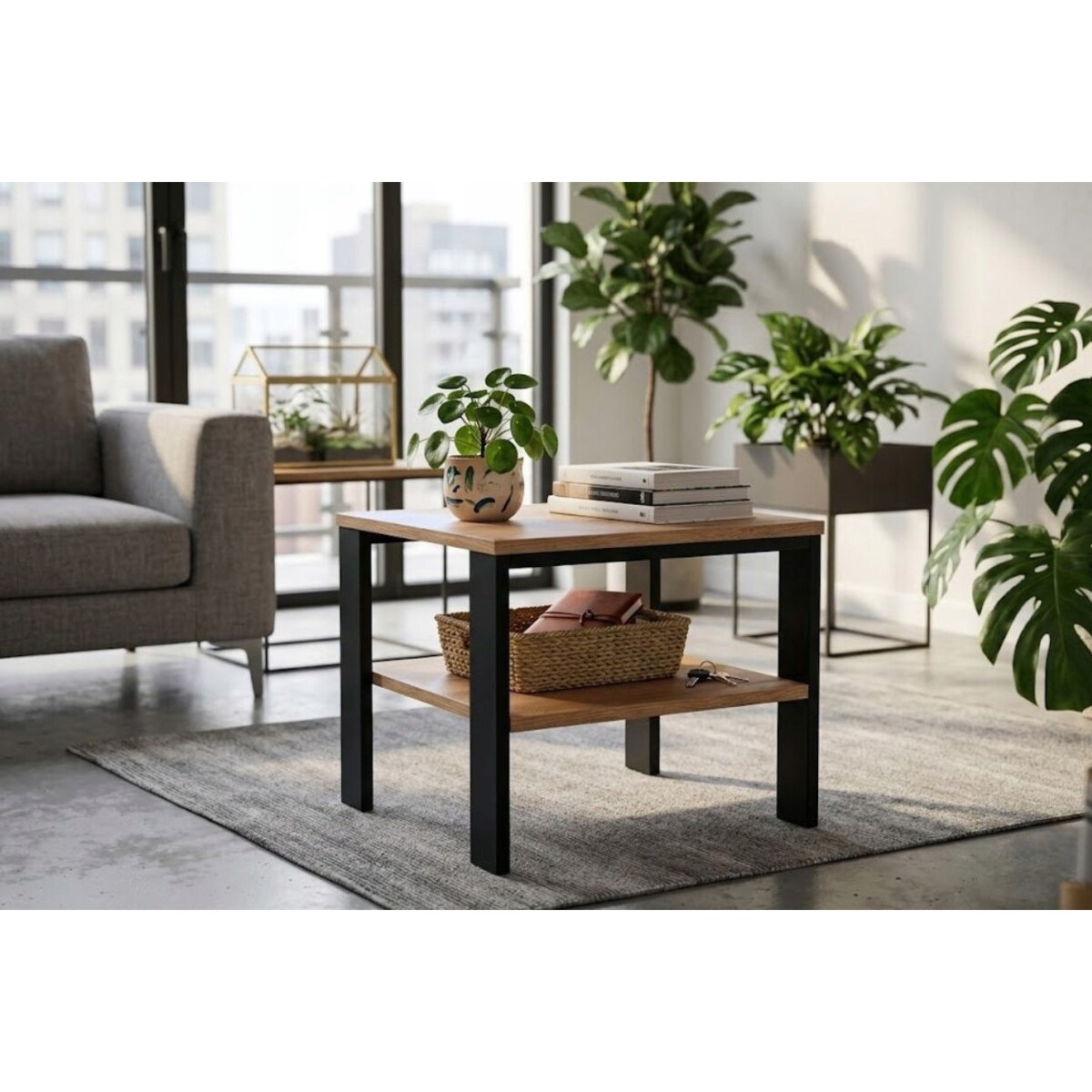 Stolik Kawowy Loft Industrialny Dąb Evoke Czarny Stelaż Z Półką