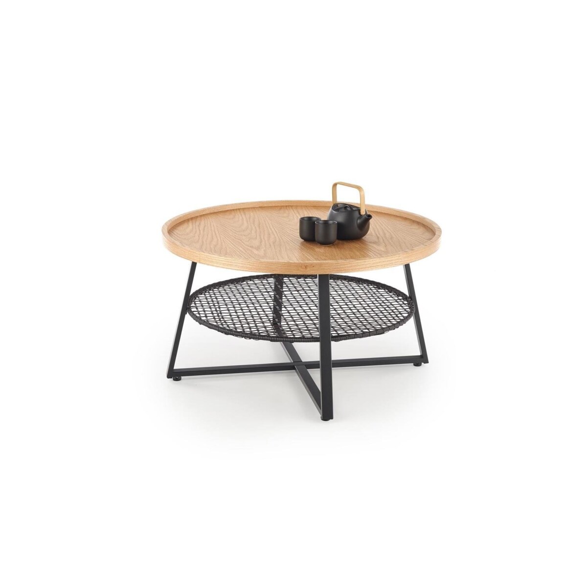 STOLIK KAWOWY Florence dąb OKRĄGŁY 80/45 cm półka z rattanu