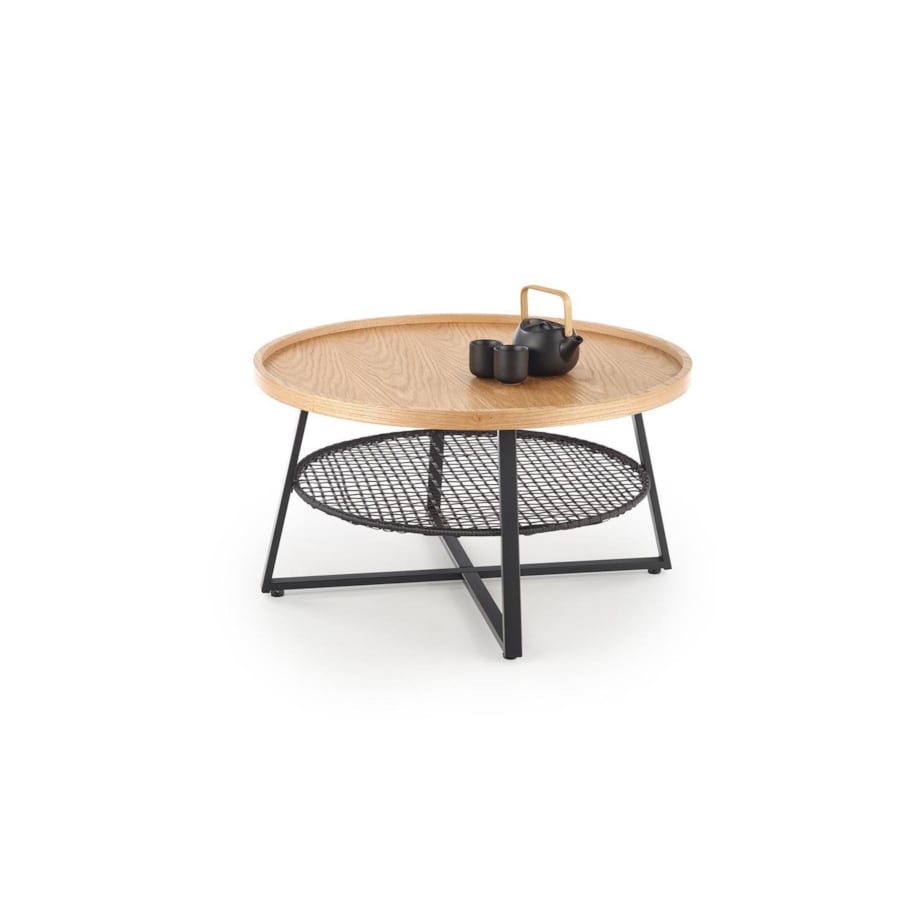 STOLIK KAWOWY Florence dąb OKRĄGŁY 80/45 cm półka z rattanu