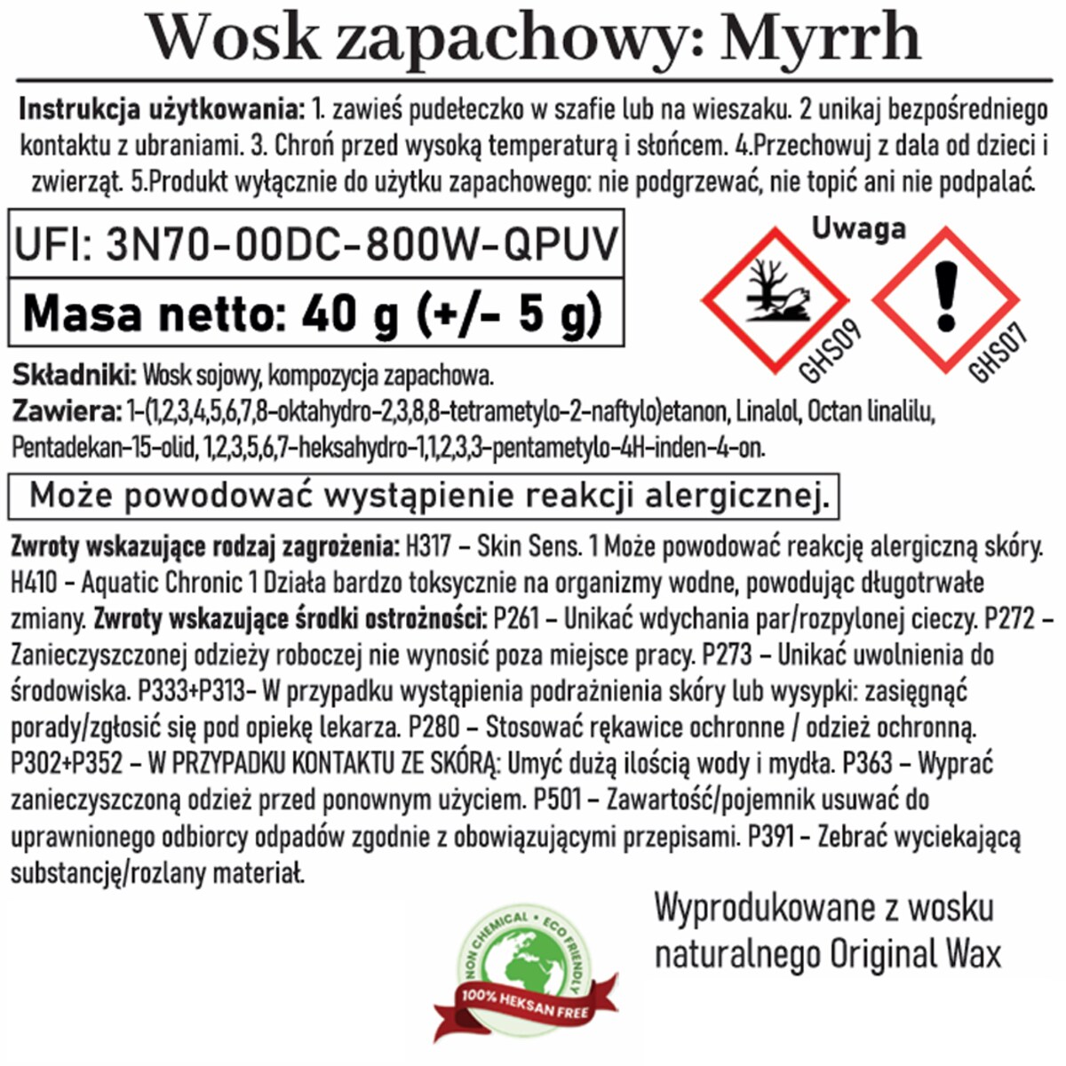 Zapachowa zawieszka do szafy wosk sojowy Myrrh