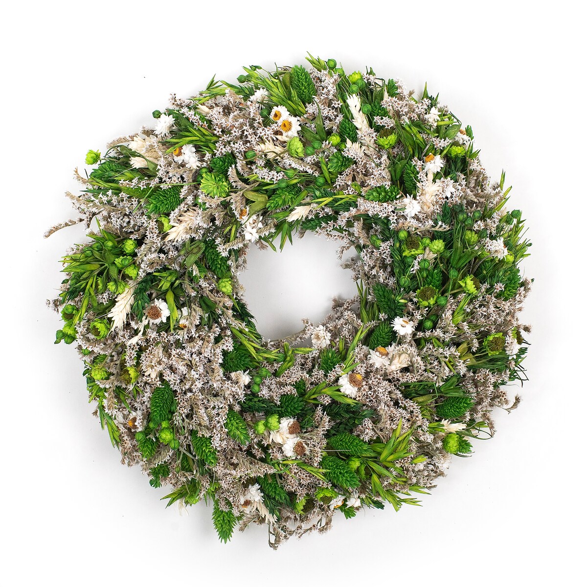 Wianek z suszonych kwiatów 30 cm - biel & zieleń