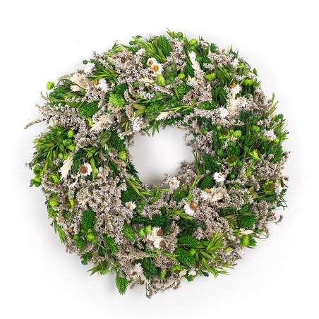Wianek z suszonych kwiatów 30 cm - biel & zieleń