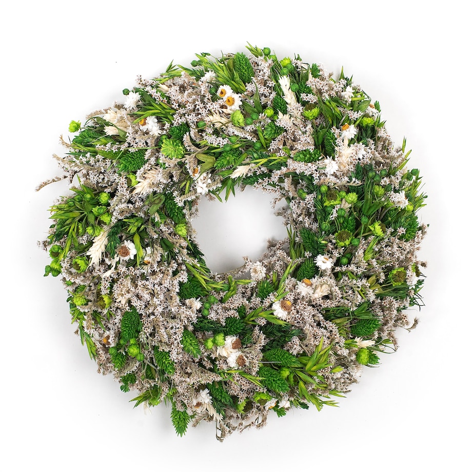 Wianek z suszonych kwiatów 30 cm - biel & zieleń