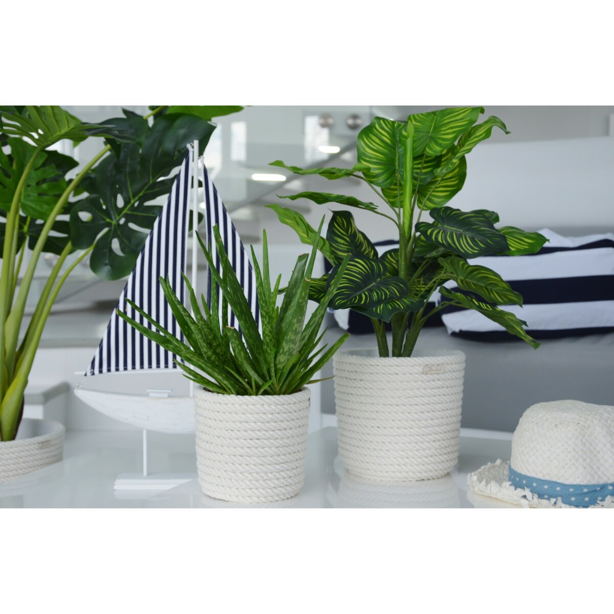 23 BOHO sznurek BIAŁA BAWEŁNA naturalna osłonka na doniczkę koszyk z trawy plecionej styl skandynawski etno loft marynistyczny wzór 23/BB10