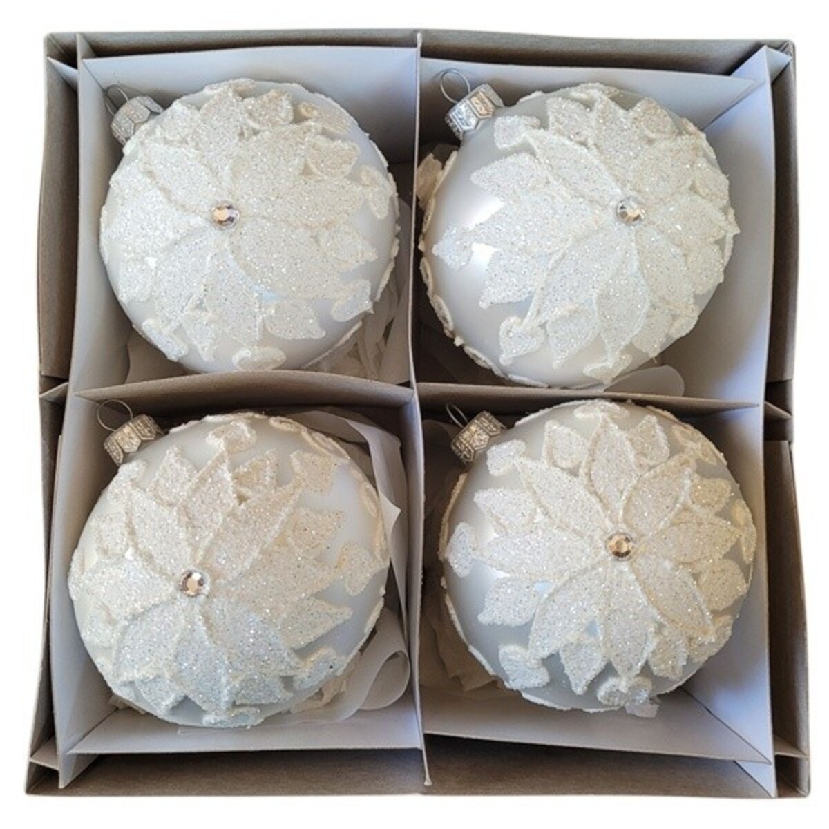 Bombka szklana 4 szt. SILENZIO NEVOSO białe Ø 100 mm