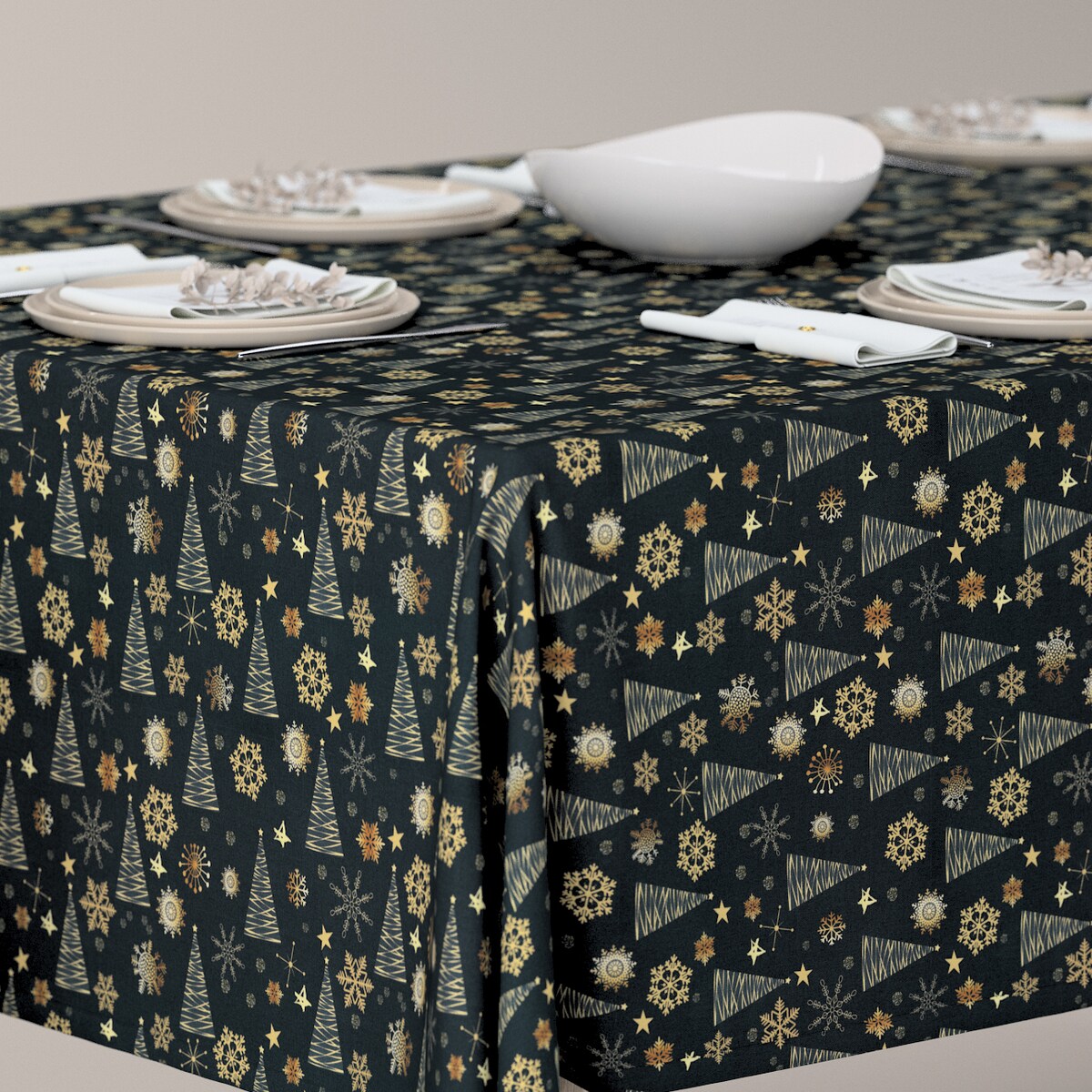 Obrus prostokątny 130 x 130 cm złoty wzór na czarnym tle