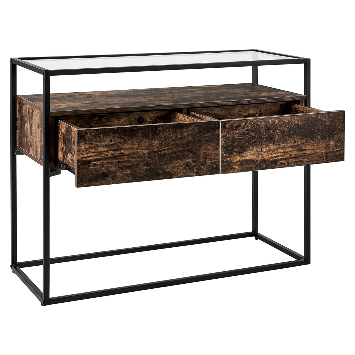 Konsola 2 szuflady szklana ciemne drewno z czarnym MAUK