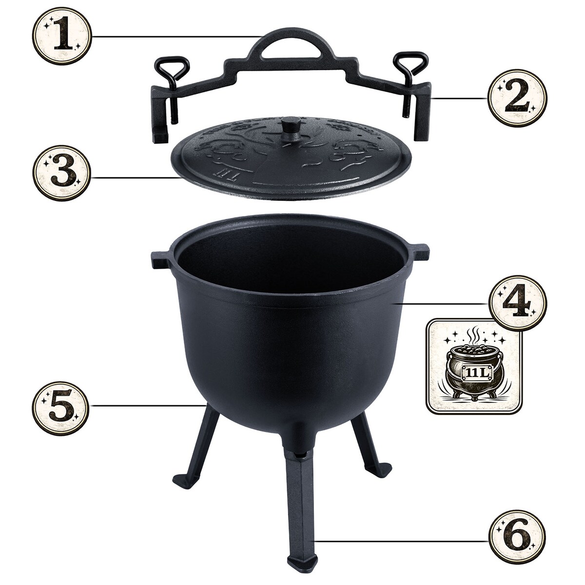 Kociołek żeliwny 11L Berdsen BD-482 garnek myśliwski pieczonki na ognisko grill + przepisy