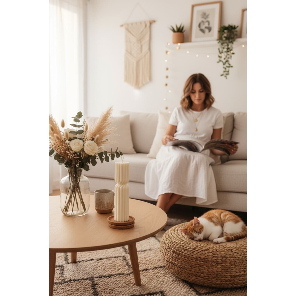 Świeca dekoracyjna Candy L - handmade w kolorze ecru, idealna do salonu