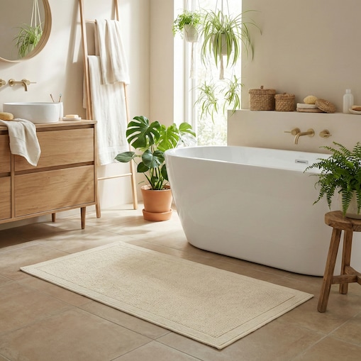 Dywanik łazienkowy Lino 73x135 cm bawełniany ramka beżowy