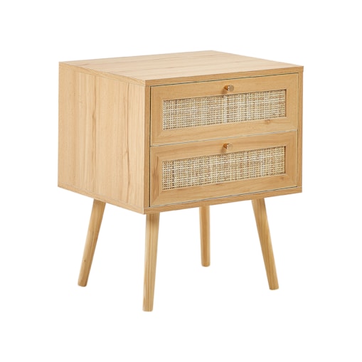 Szafka nocna 2 szuflady fronty rattanowe jasne drewno PEROTE