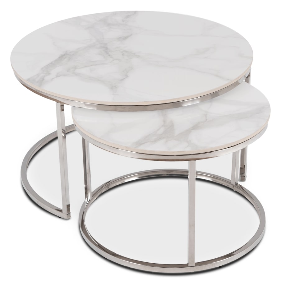 Stolik Kawowy Okrągły Zestaw 2w1 Ława Glamour Marmur Biały AMARA MAX