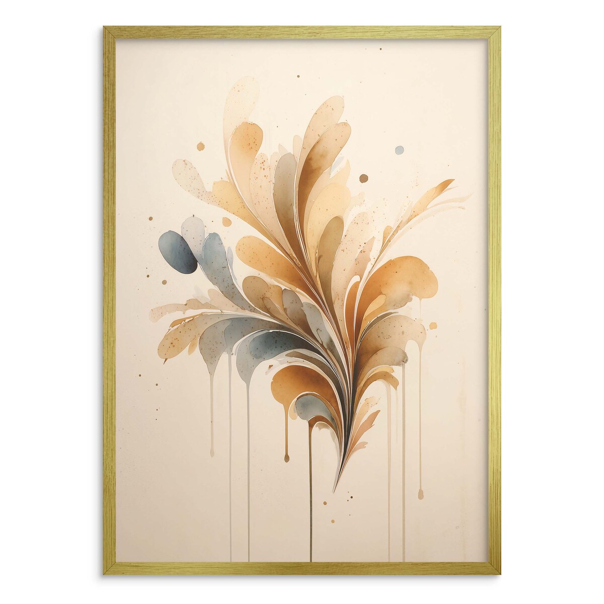 Beżowy Plakat Boho w Złotej Ramie Akwarela Minimalistyczna Abstrakcja Liść