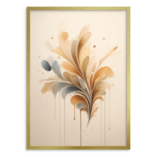 Beżowy Plakat Boho w Złotej Ramie Akwarela Minimalistyczna Abstrakcja Liść