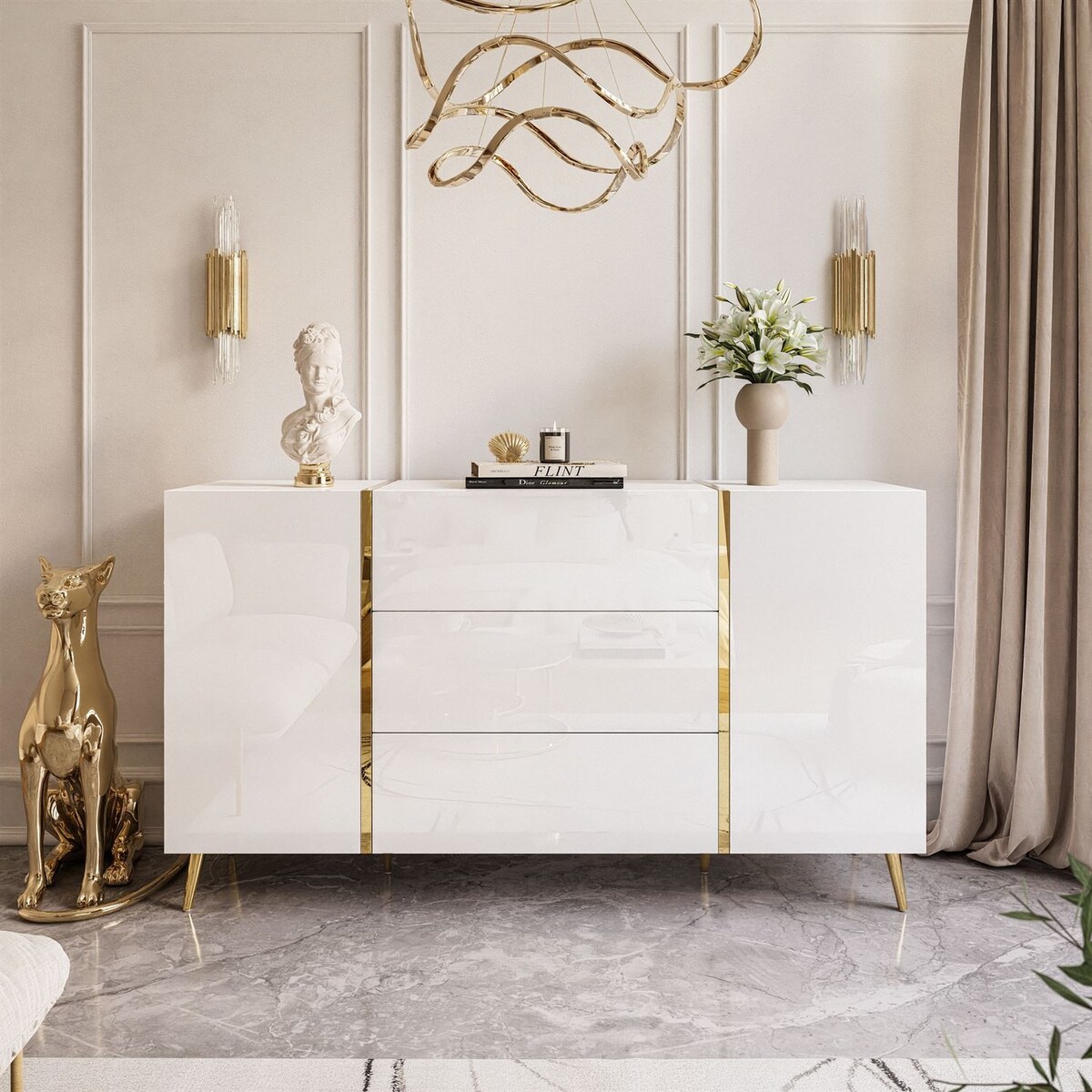 Komoda z szufladami ONYX na złotych nóżkach wysoki połysk 158 cm, biała, push-to-open