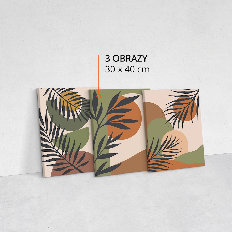 OBRAZY NA ŚCIANĘ SET ABSTRAKCJA LIŚCIE PALMOWE NATURA STYL BOHO 90x40cm