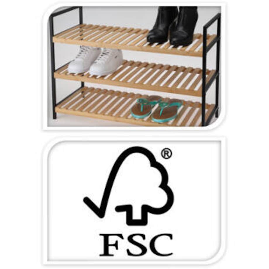 Półka na buty, 3 poziomy, bambus i metalowy stelaż, 70 x 30 x 48,5 cm