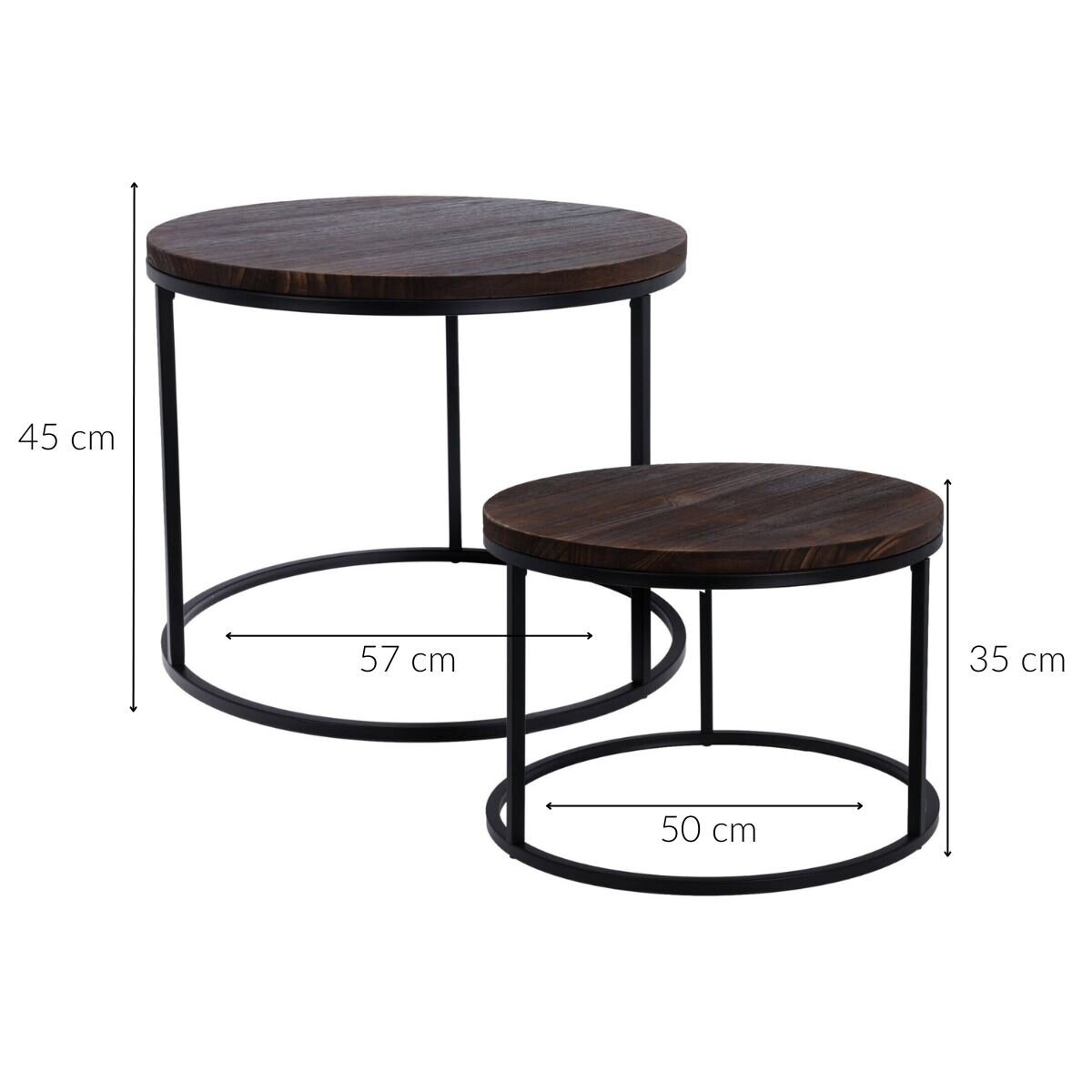Zestaw stolików kawowych z blatem z drewna paulownia, metalowy stelaż, 2 sztuki, Ø 57 cm, Ø 50 cm
