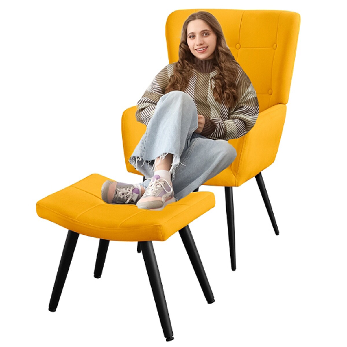 Fotel uszak z podnóżkiem do salonu wypoczynkowy welurowy tapicerowany musztardowy