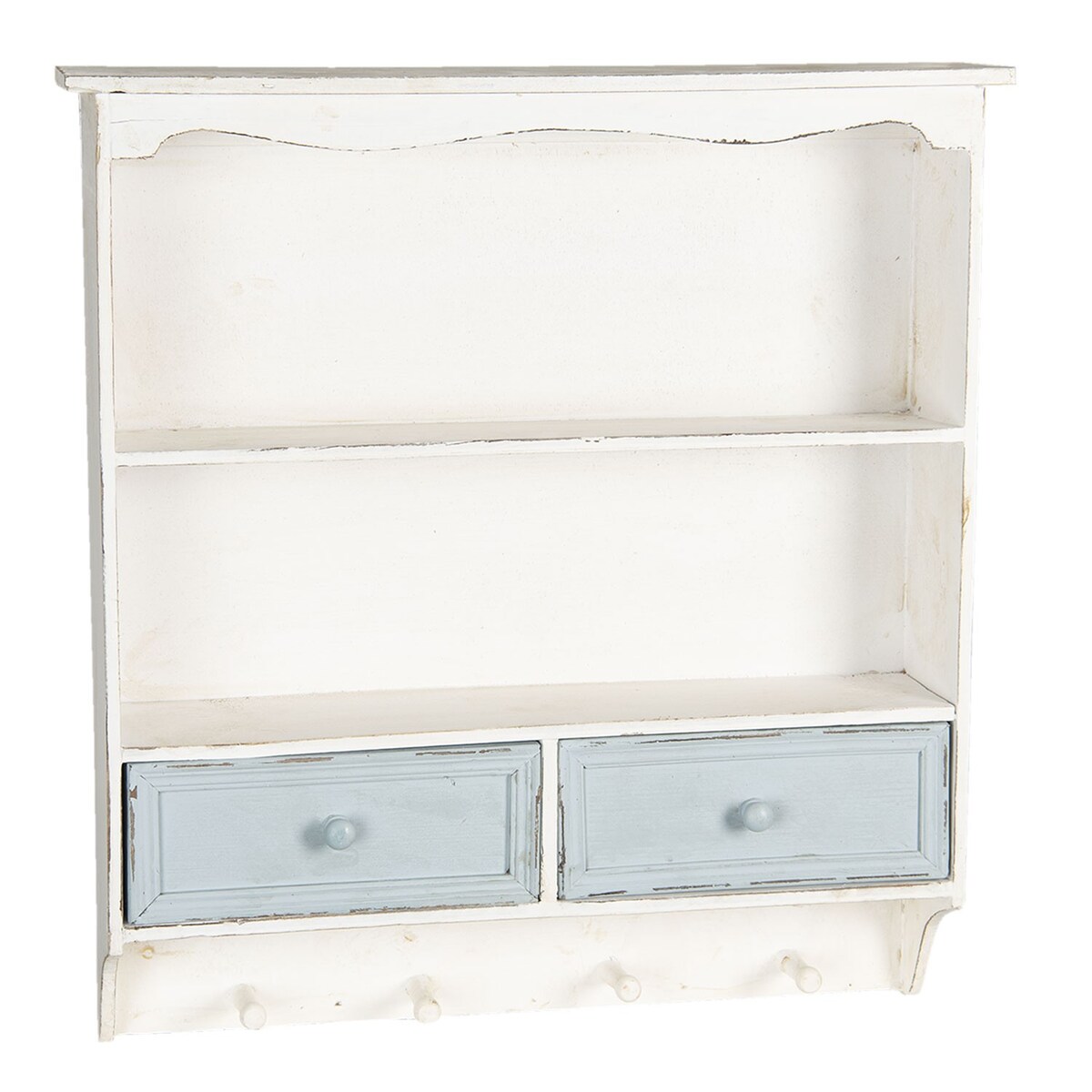 Półka wisząca drewniana z niebieskimi szufladami