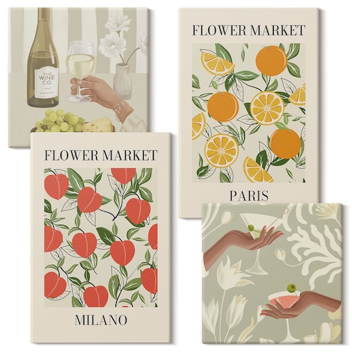 Zestaw 4 obrazów na płótnie - Kwiaty wino Mediolan Paryż - beżowy