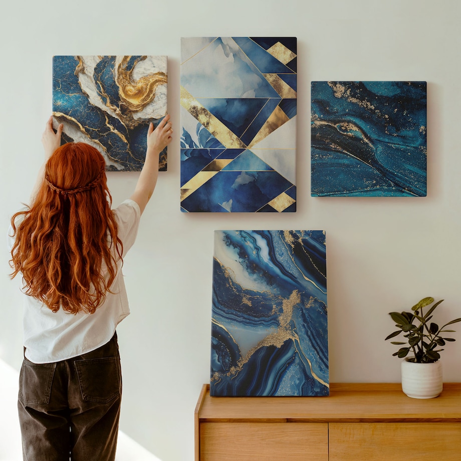 Zestaw 4 obrazów na płótnie - Abstrakcyjne eleganckie wzory - granatowy