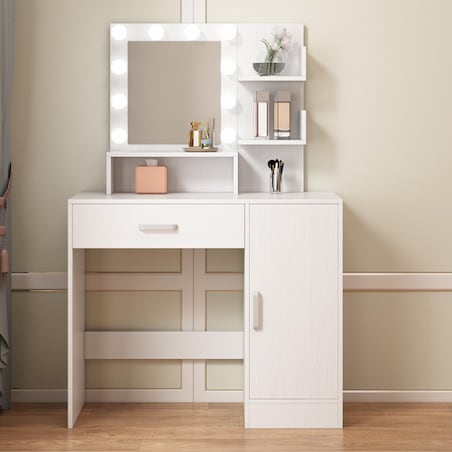 Toaletka kosmetyczna makijażu wizażu z lustrem led nowoczesna glamour biała