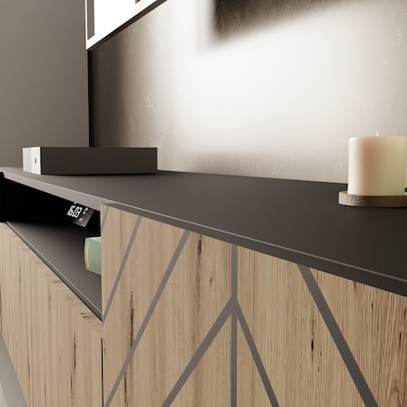 Szafka RTV IGO 200 cm na metalowych nogach, jodełka- artisan+czarny