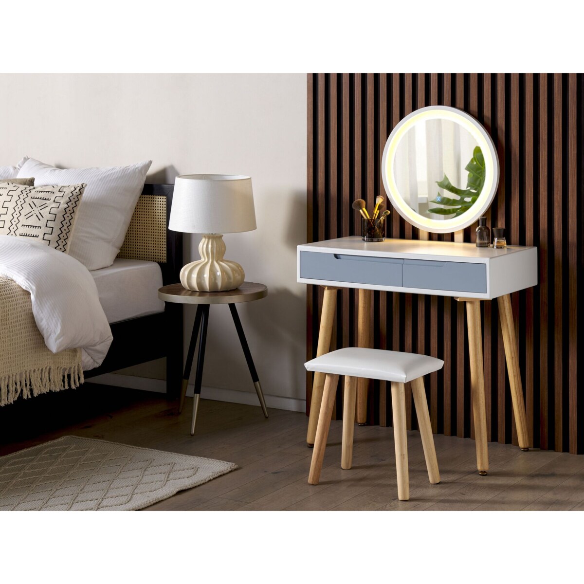 Toaletka 2 szuflady lustro LED ze stołkiem biało-szara JOSSELIN