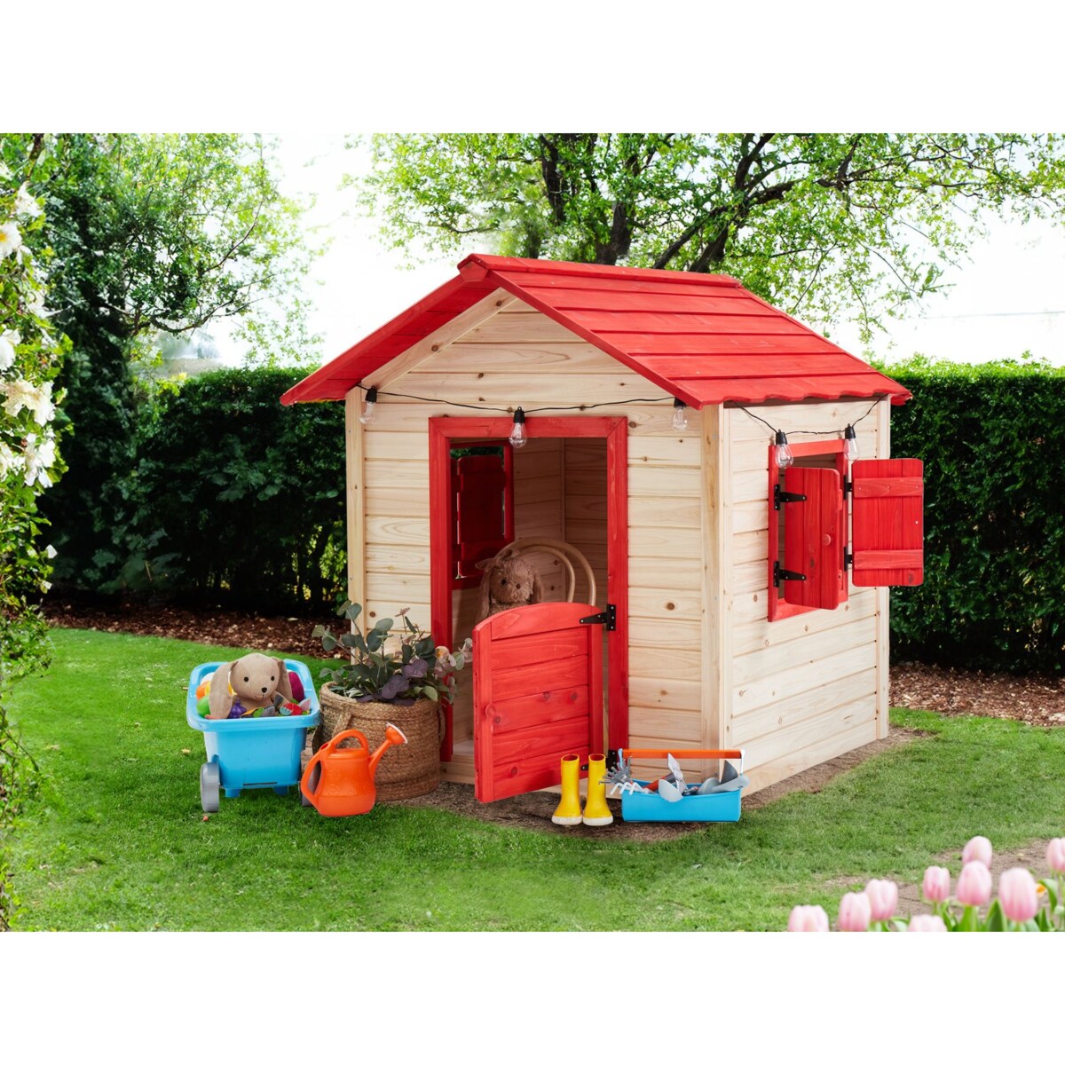 Domek ogrodowy dla dzieci drewniany jasne drewno PELOPIO