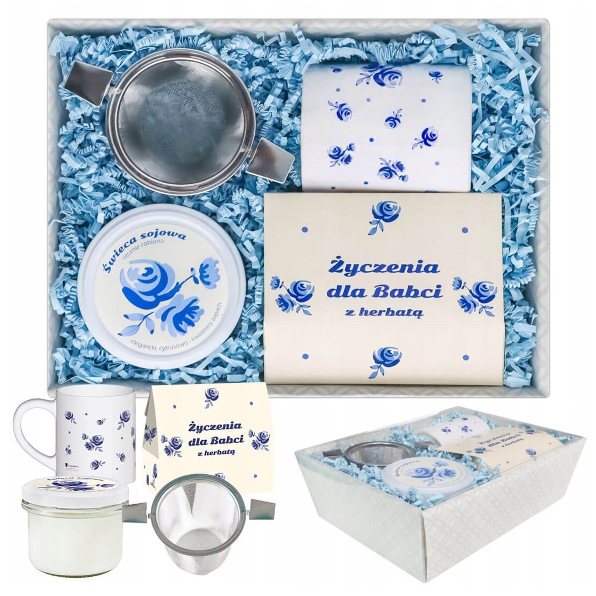 ZESTAW PREZENTOWY DLA BABCI KUBEK MIX 5 RÓŻNYCH HERBAT ZAPARZACZ ŚWIECA SOJOWA ZAPACHOWA - PREZENT UPOMINEK NA DZIEŃ BABCI 60 70 80 90 100 URODZINY
