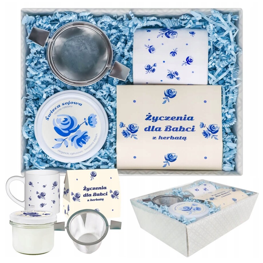 ZESTAW PREZENTOWY DLA BABCI KUBEK MIX 5 RÓŻNYCH HERBAT ZAPARZACZ ŚWIECA SOJOWA ZAPACHOWA - PREZENT UPOMINEK NA DZIEŃ BABCI 60 70 80 90 100 URODZINY