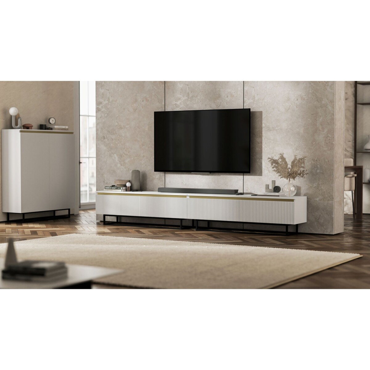 Nowoczesna Szafka RTV Glamour Komoda RTV Biały Mat 280 cm czarny stelaż