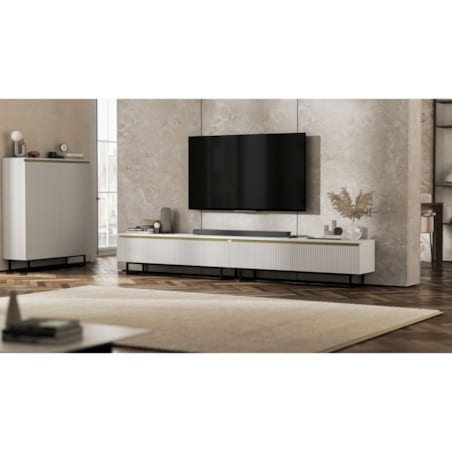 Nowoczesna Szafka RTV Glamour Komoda RTV Biały Mat 280 cm czarny stelaż
