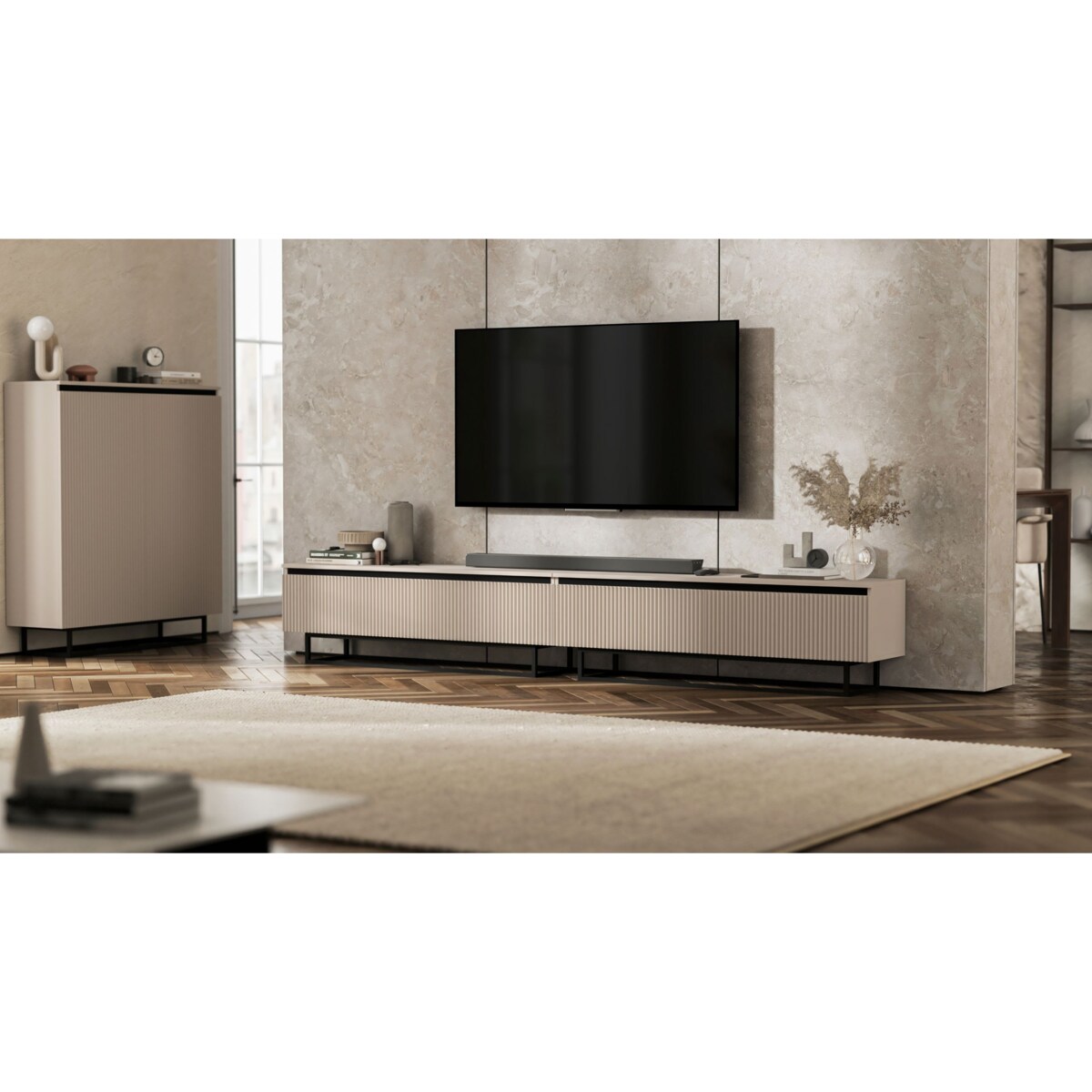 Nowoczesna Szafka RTV Glamour Komoda RTV Kaszmir Mat 280 cm czarny stelaż