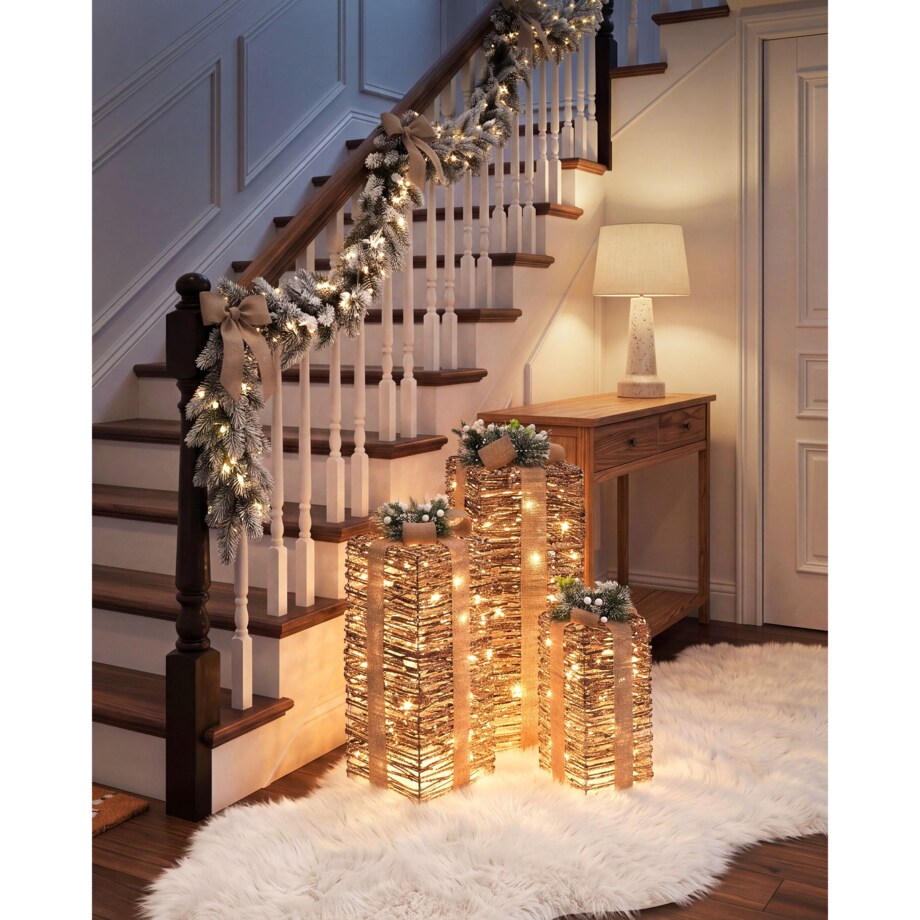 Zestaw 3 dekoracji świątecznych LED VALKAMA 54/45/30 cm Prezenty świąteczne Brązowy