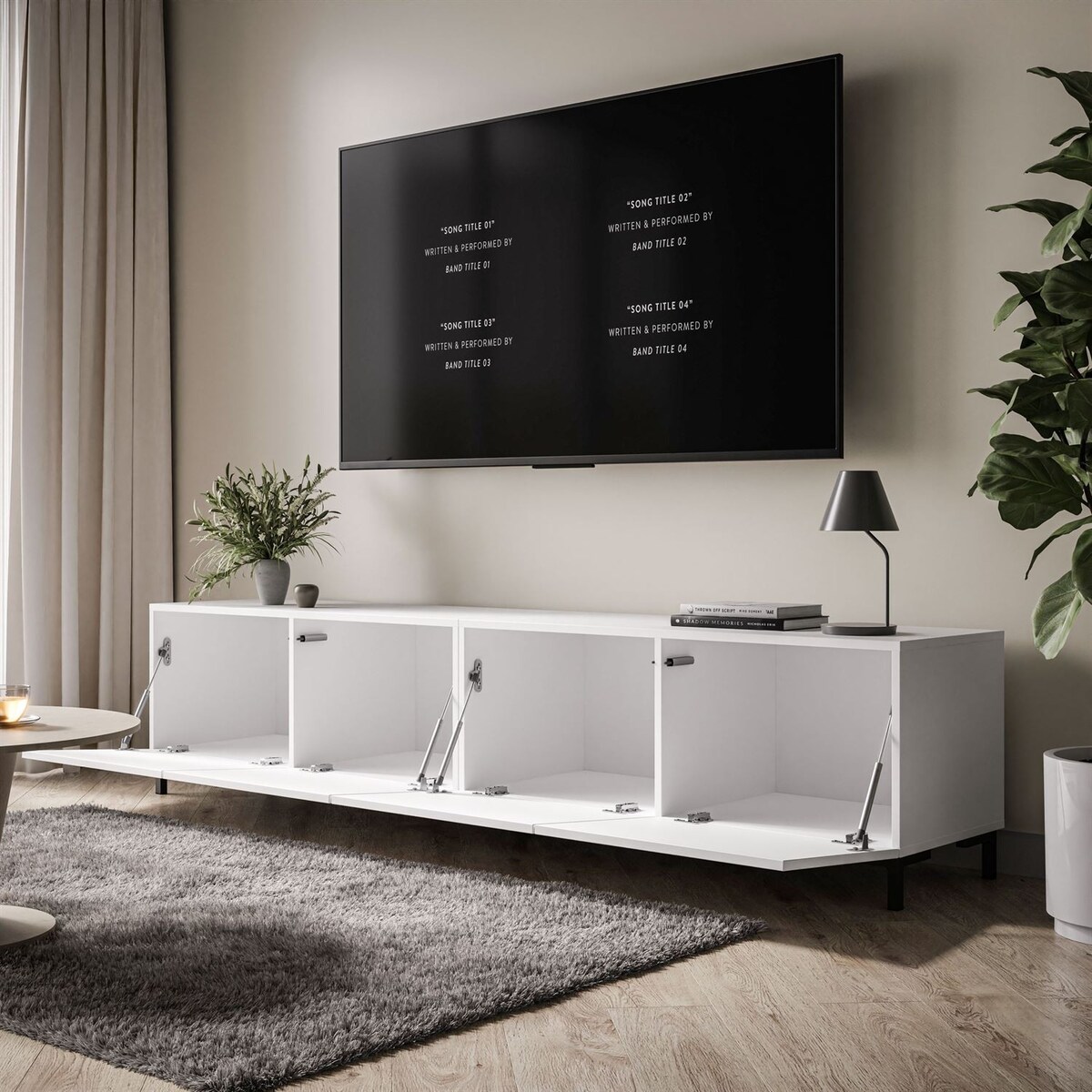 Szafka RTV COLGANTE 200 cm biały połysk nogi czarne plastikowe