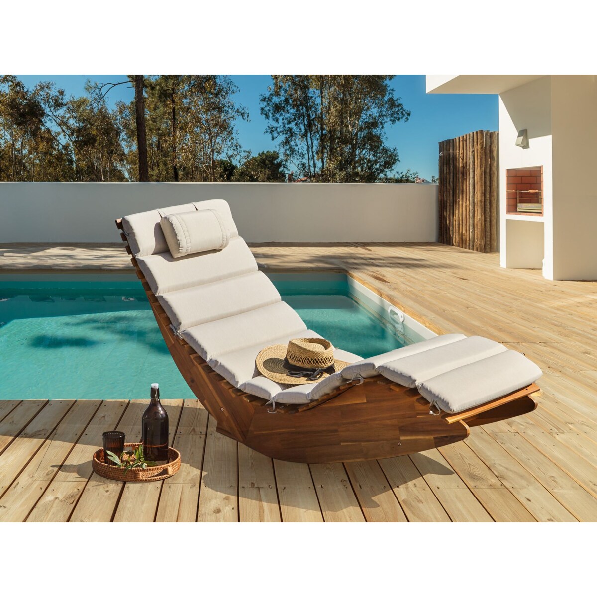 Leżak ogrodowy z poduszką BRESCIA PREMIUM Drewno akacjowe Jasnobeżowy