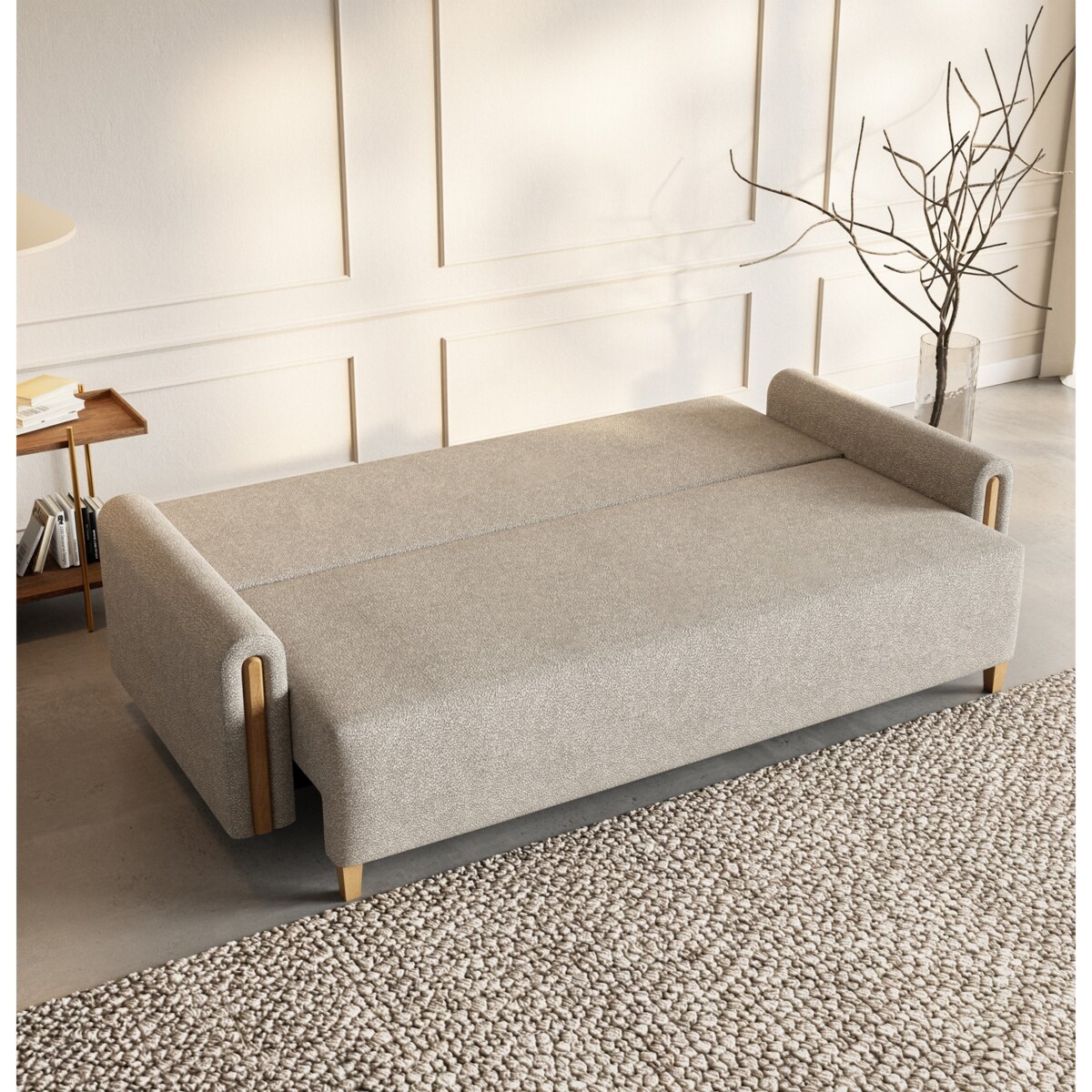 Kanapa MODERN z funkcją spania do salonu- beżowa + drewno bukowe