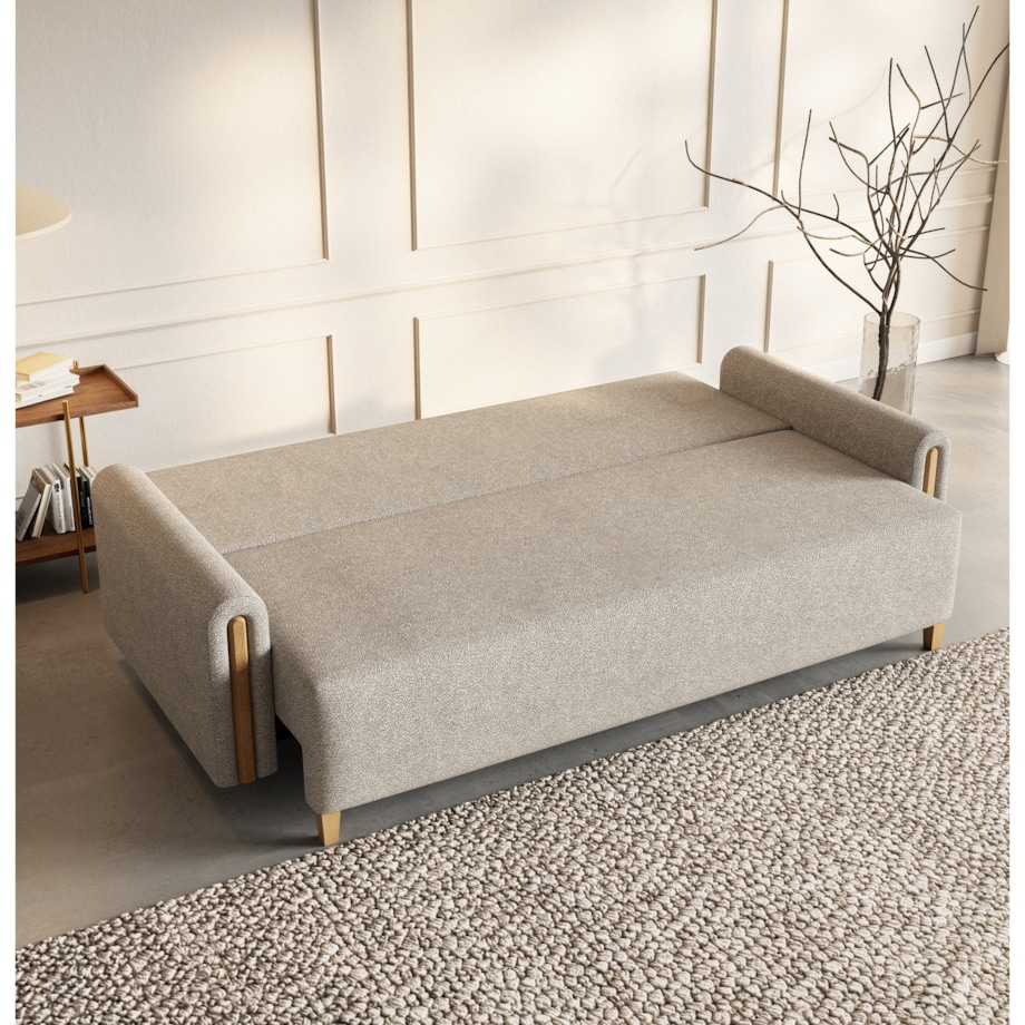 Kanapa MODERN z funkcją spania do salonu- beżowa + drewno bukowe