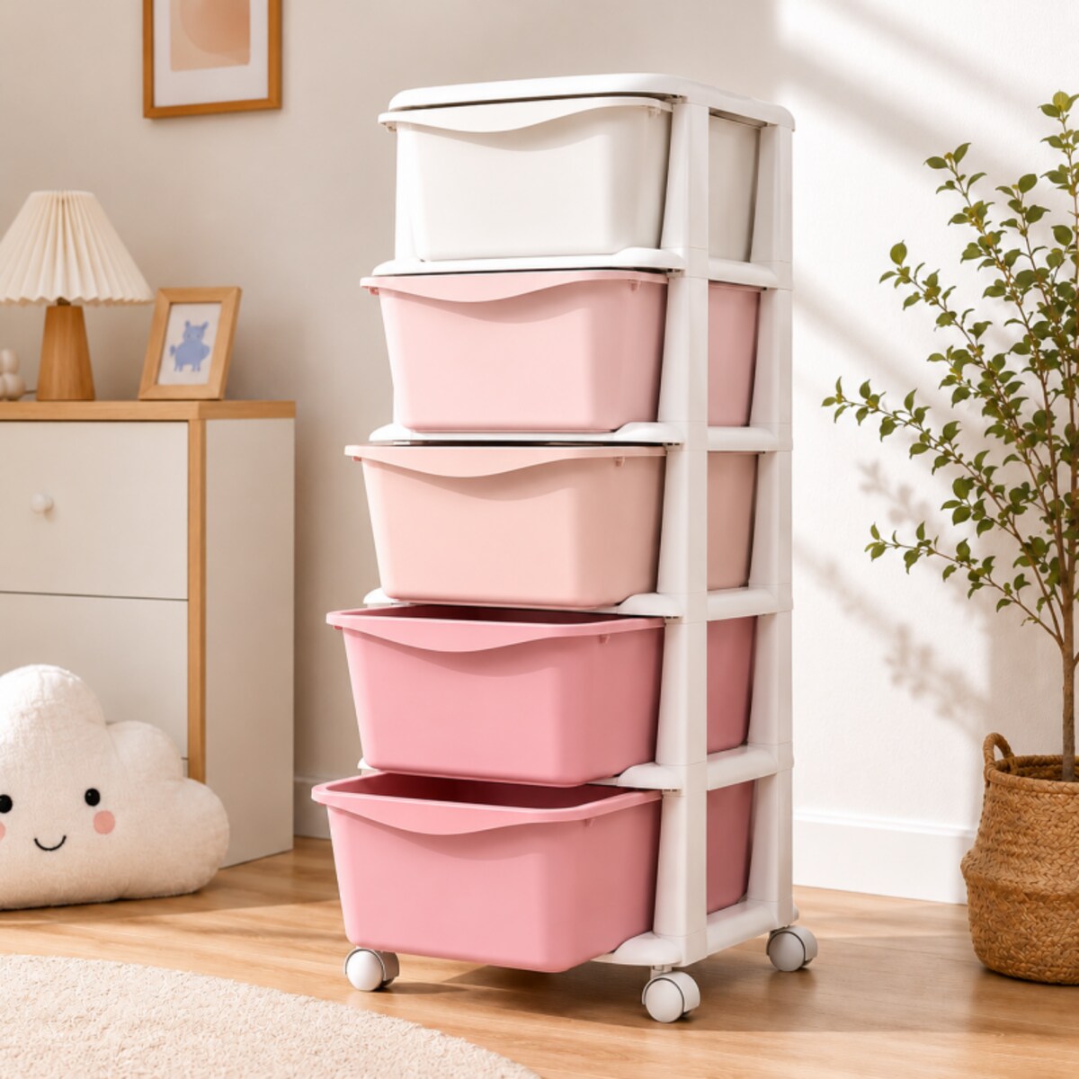 Plastikowy regał na kółkach szafka szuflady szafa 97x38x37cm OMBRE różowy PO24