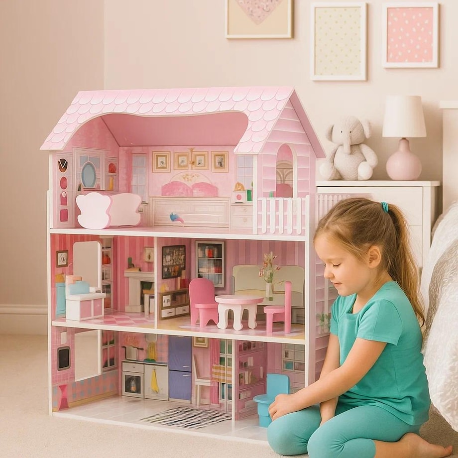 Domek dla lalek HOMEE drewniany XL – 3-poziomowy domek z 8 mebelkami i balkonem