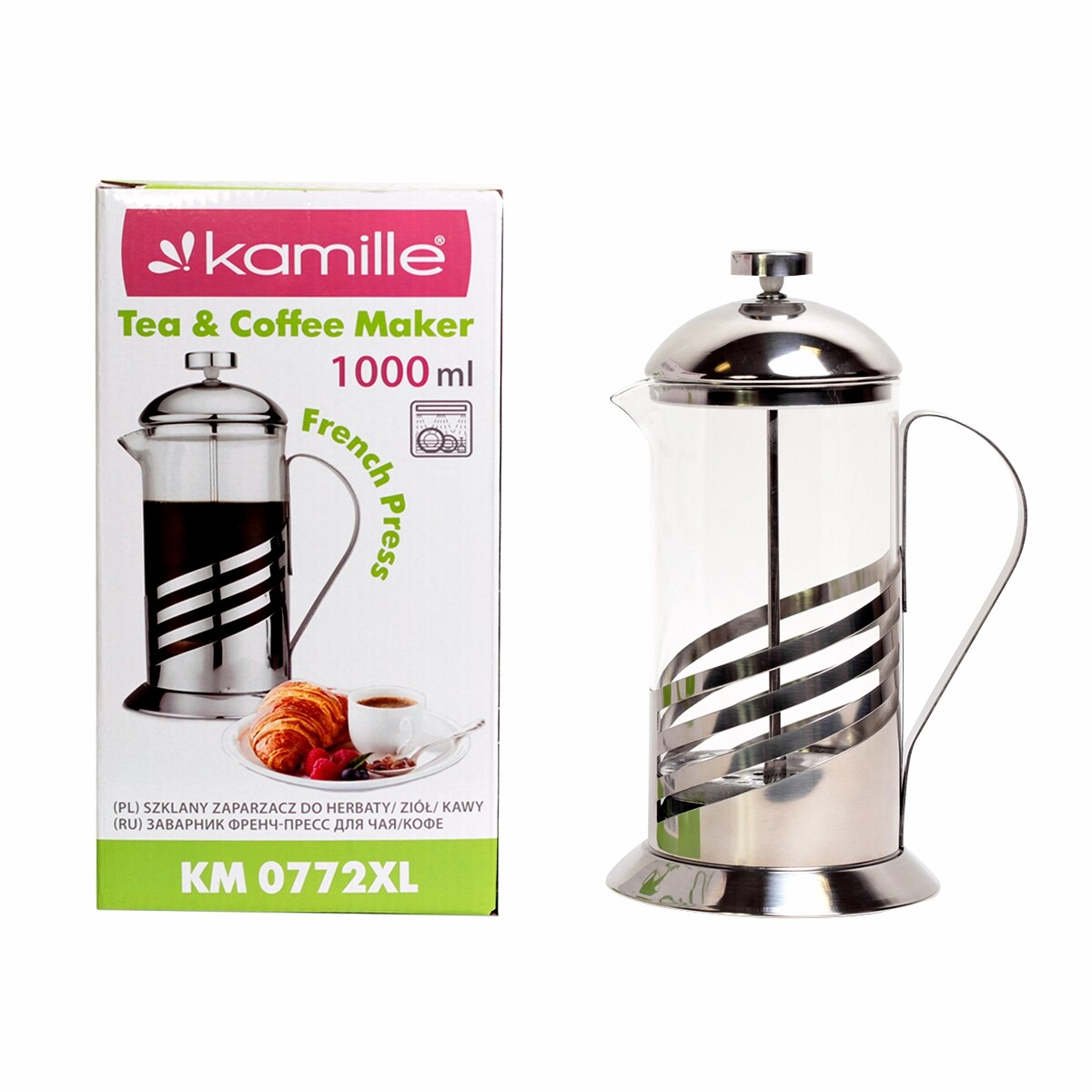 Zaparzacz szklany do herbaty kawy 1L tłokowy french press KAMILLE